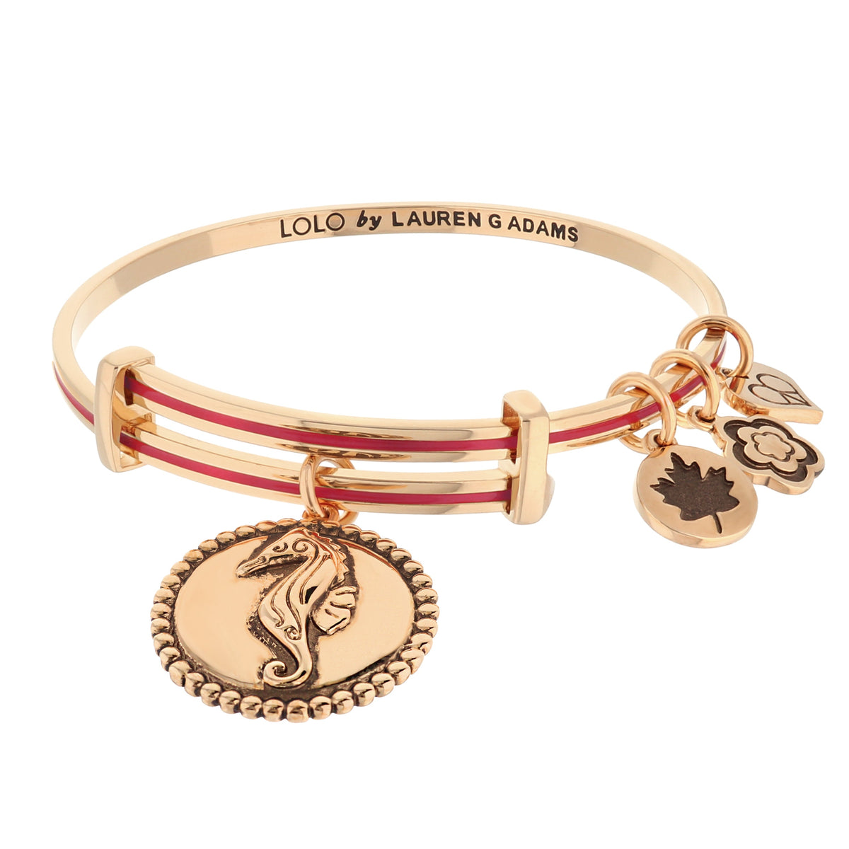Lolo Seahorse Bangle rose gold tone engraved LOLO by LAUREN G ADAMS with charms on Tampa Home & Garden Store