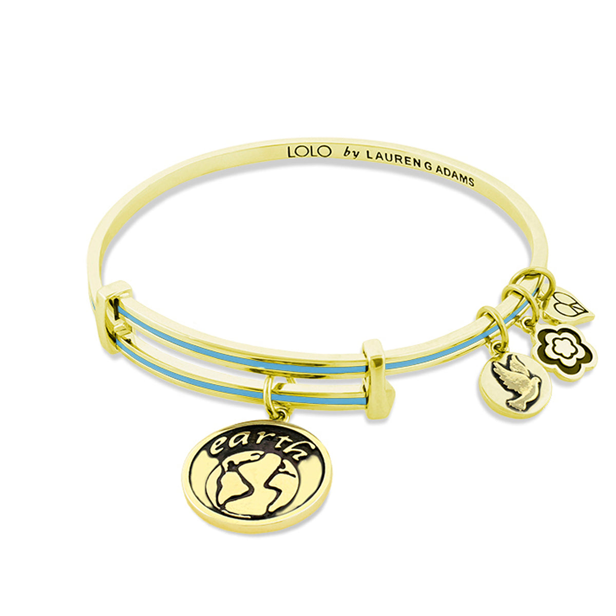 Lolo Earth Bangle by Lauren G Adams, gold tone bracelet with blue accents and earth charm on Tampa Home & Garden Store