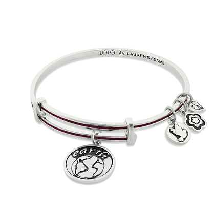 Lolo Earth Bangle by Lauren G Adams, silver bracelet with burgundy stripe and earth charm on Tampa Home & Garden Store