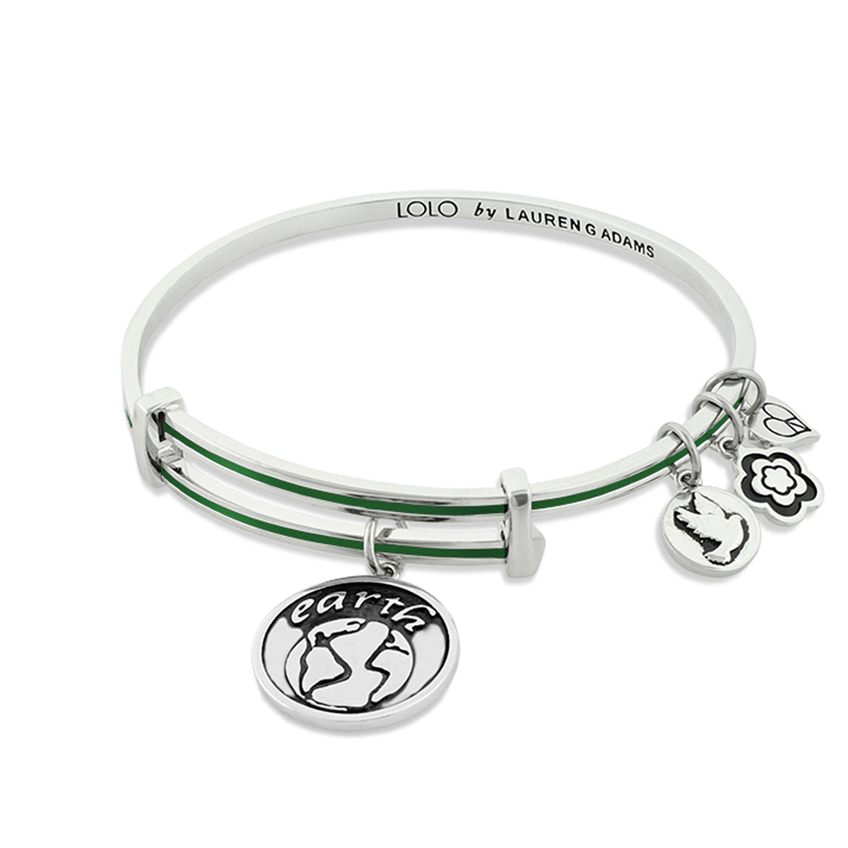 Lolo Earth Bangle bracelet with two green enamel stripes and Earth charm plus three small charms by Lauren G Adams on Tampa Home & Garden Store