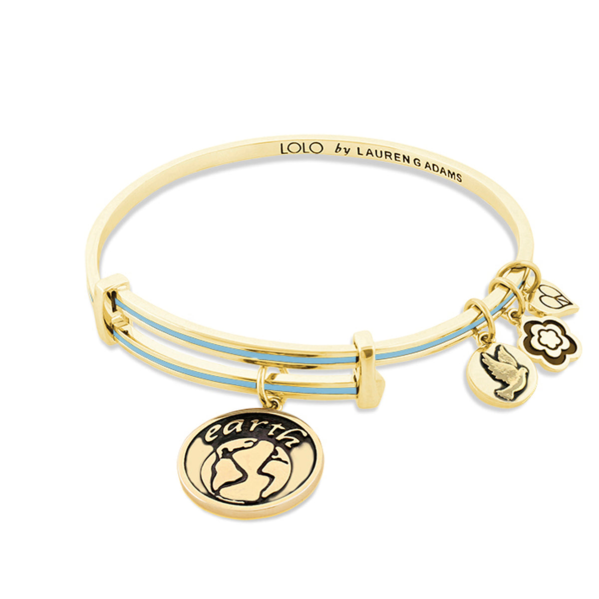 Lolo Earth Bangle by Lauren G Adams with gold tone band, enamel strands, globe and dove charms on Tampa Home & Garden Store
