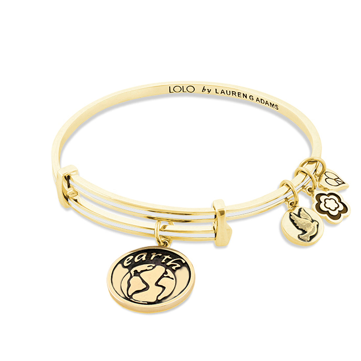 Gold-tone Lolo Earth Bangle by Lauren G Adams with globe charm and tiny charms on Tampa Home & Garden Store