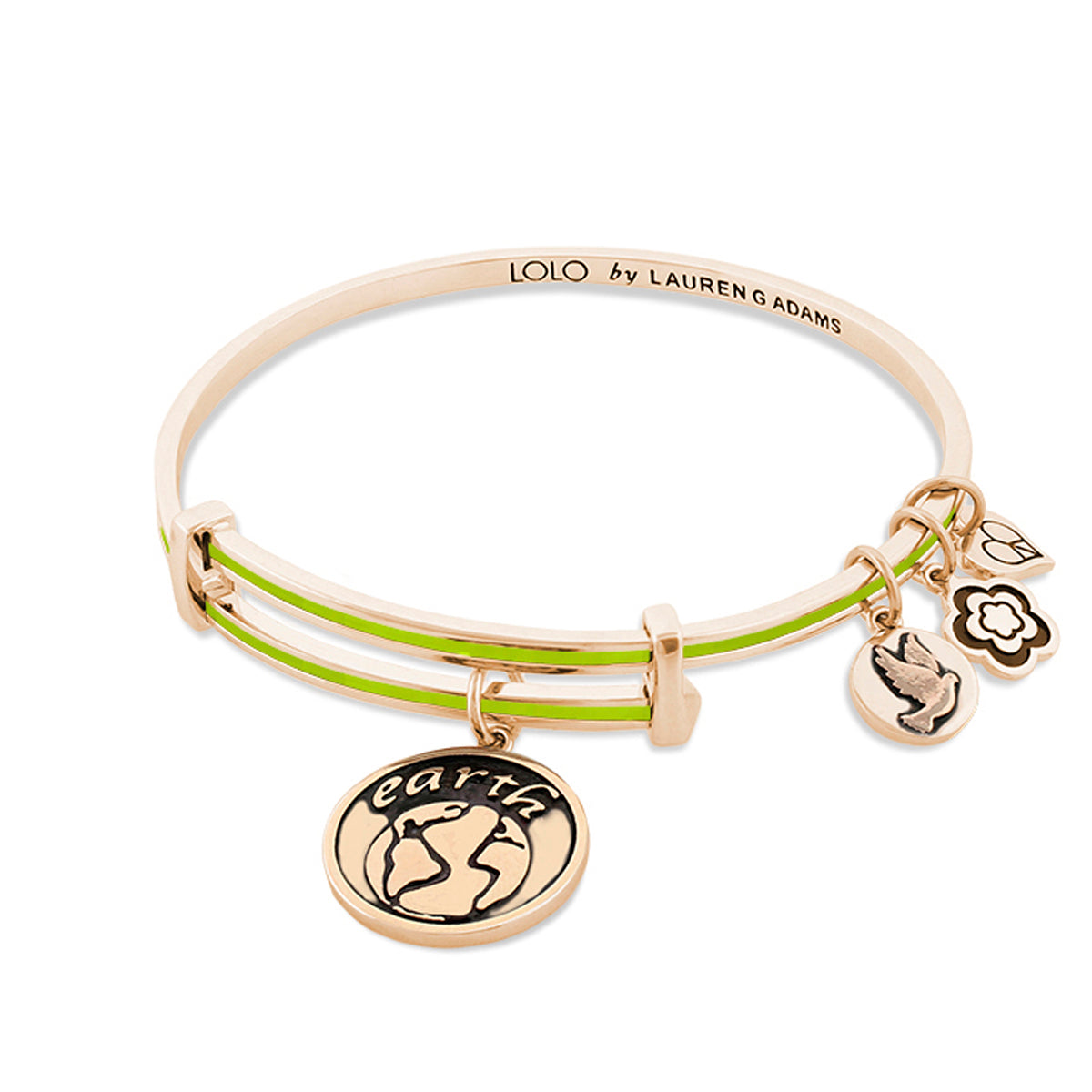 Lolo Earth Bangle by Lauren G Adams; rose-gold bangle with lime stripe and globe charm on Tampa Home & Garden Store