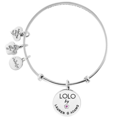 Lolo Butterfly Bangle bracelet in silver with engraved discs and a butterfly charm by Lauren G Adams on Tampa Home & Garden Store