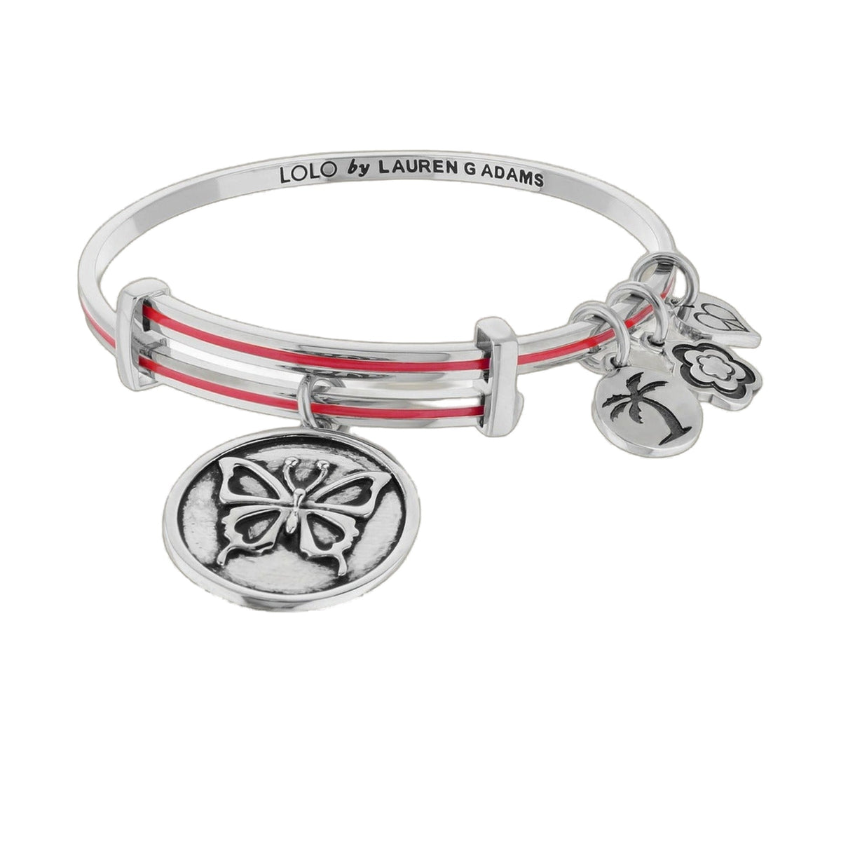 Lolo Butterfly Bangle by Lauren G Adams, silver bracelet with red stripe and butterfly charms on Tampa Home & Garden Store