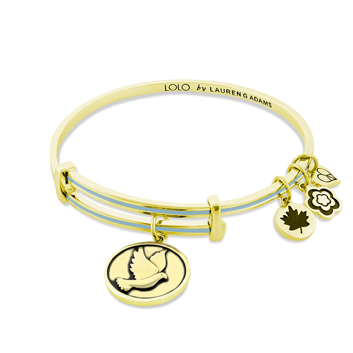 Lolo Dove Bangle by Lauren G Adams, gold-tone bracelet with blue enamel bands and dove charm on Tampa Home & Garden Store