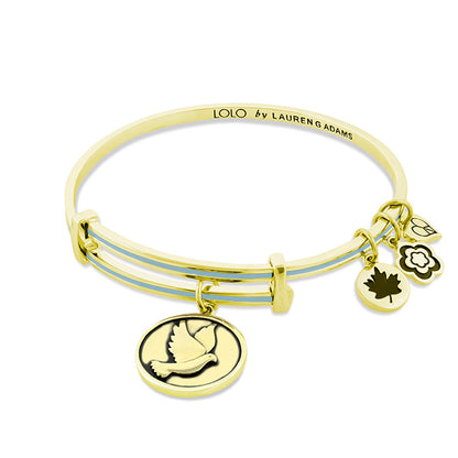 Lolo Dove Bangle by Lauren G Adams, gold-tone bracelet with blue enamel bands and dove charm on Tampa Home & Garden Store