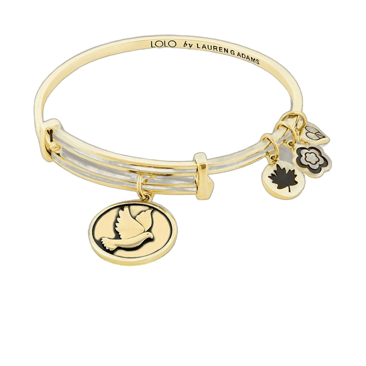 Lolo Dove Bangle by Lauren G Adams, gold-tone bracelet with dove charm and floral enamel charms on Tampa Home & Garden Store