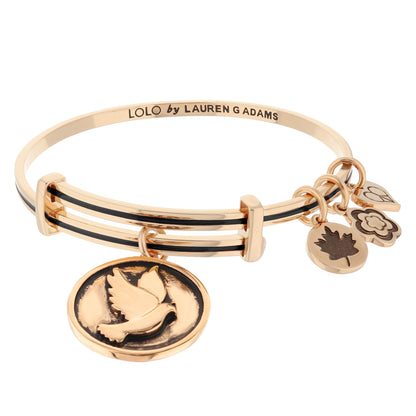 Lolo Dove Bangle by Lauren G Adams, rose gold bracelet with black enamel stripe and charm discs on Tampa Home & Garden Store