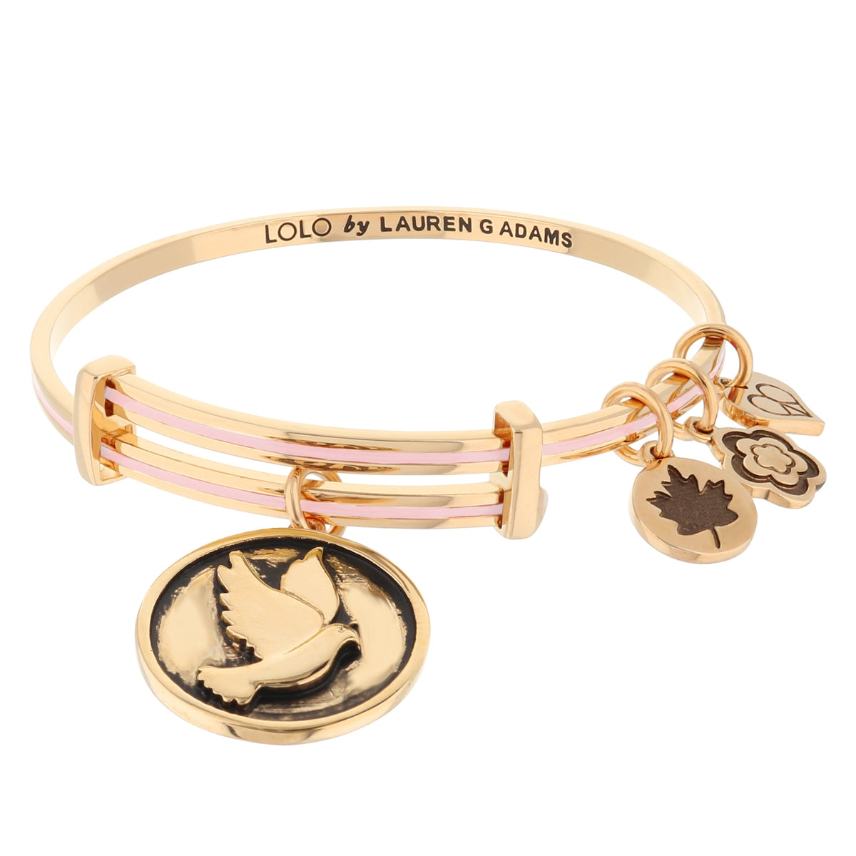 Lolo Dove Bangle by Lauren G Adams, rose gold bracelet with pink enamel stripes and charms on Tampa Home & Garden Store