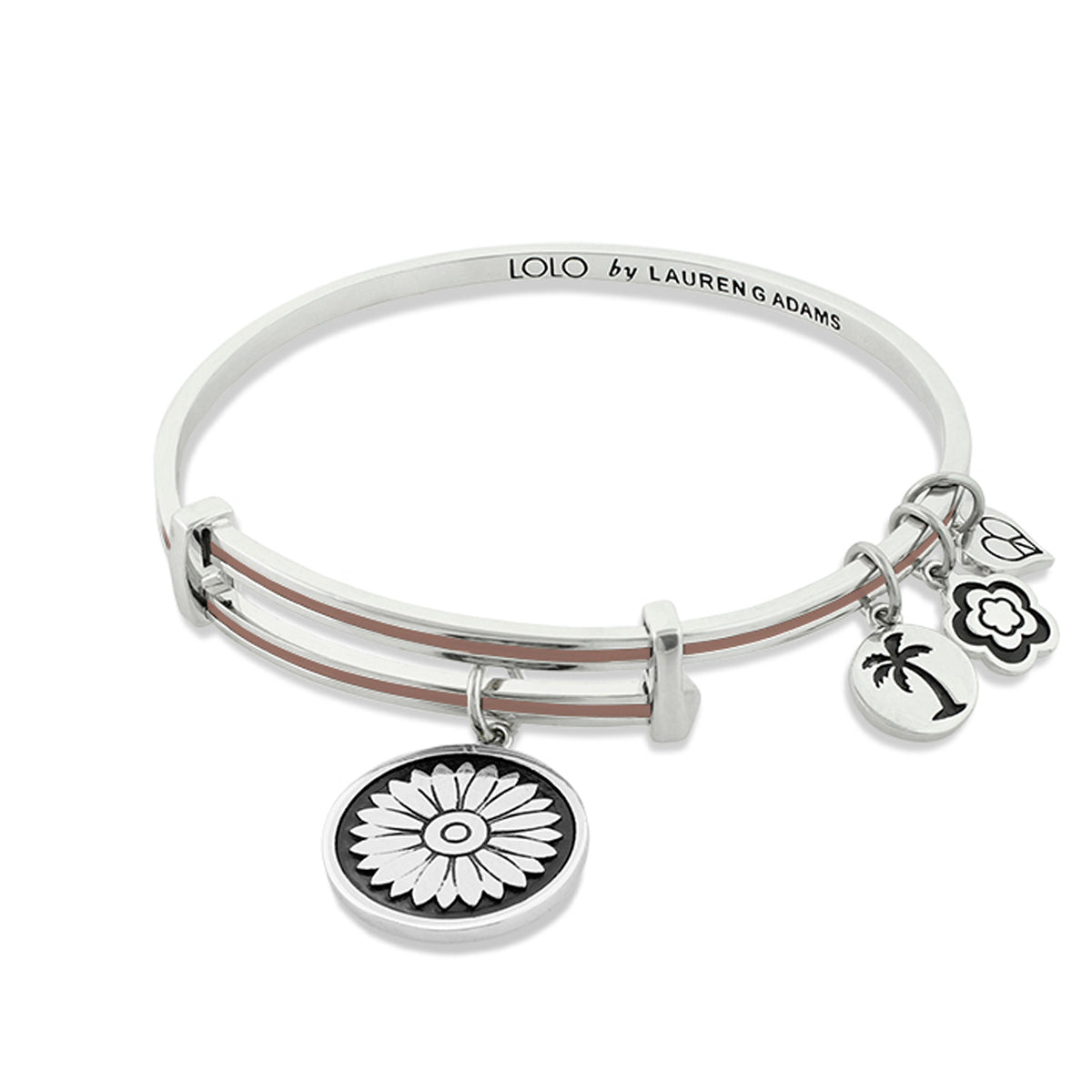 Lolo Daisy Bangle by Lauren G Adams, silver-tone bracelet with rose accent and four charms on Tampa Home & Garden Store