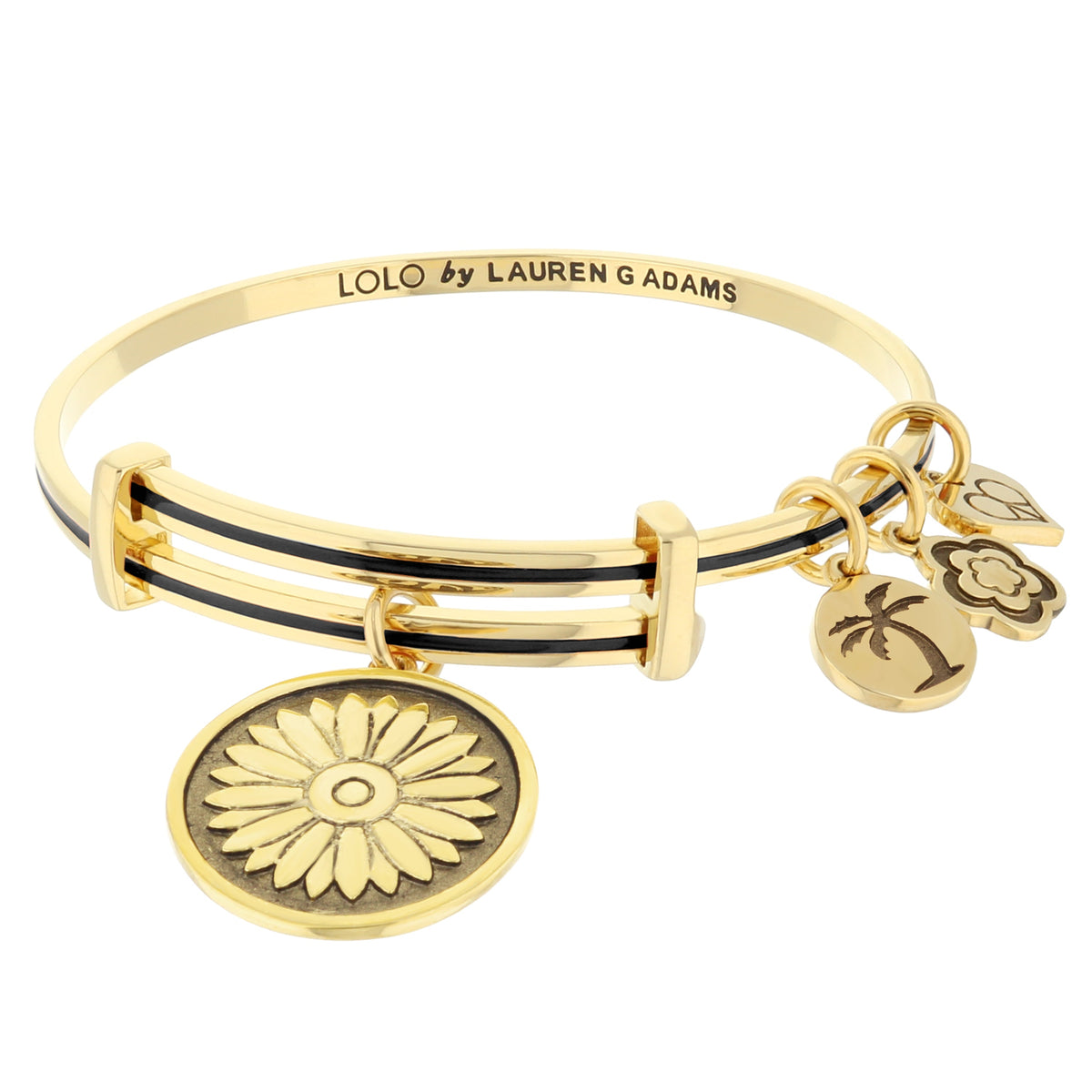 Lolo Daisy Bangle gold tone bracelet with black enamel stripe and daisy charms by Lauren G Adams on Tampa Home & Garden Store