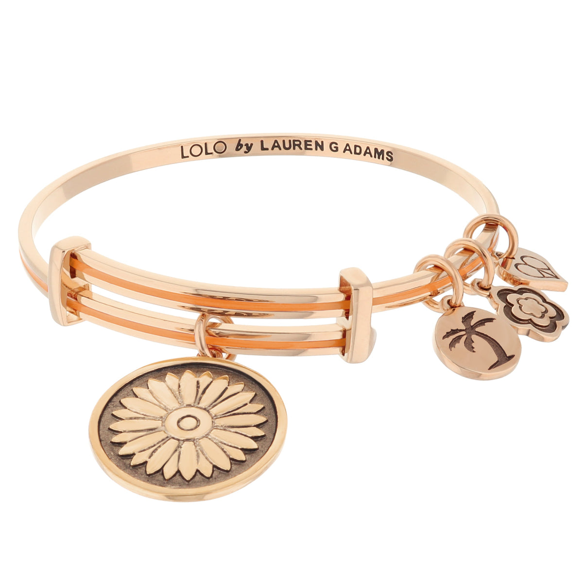 Lolo Daisy Bangle stack of 3 rose-gold bracelets with daisy charms by Lauren G Adams on Tampa Home & Garden Store