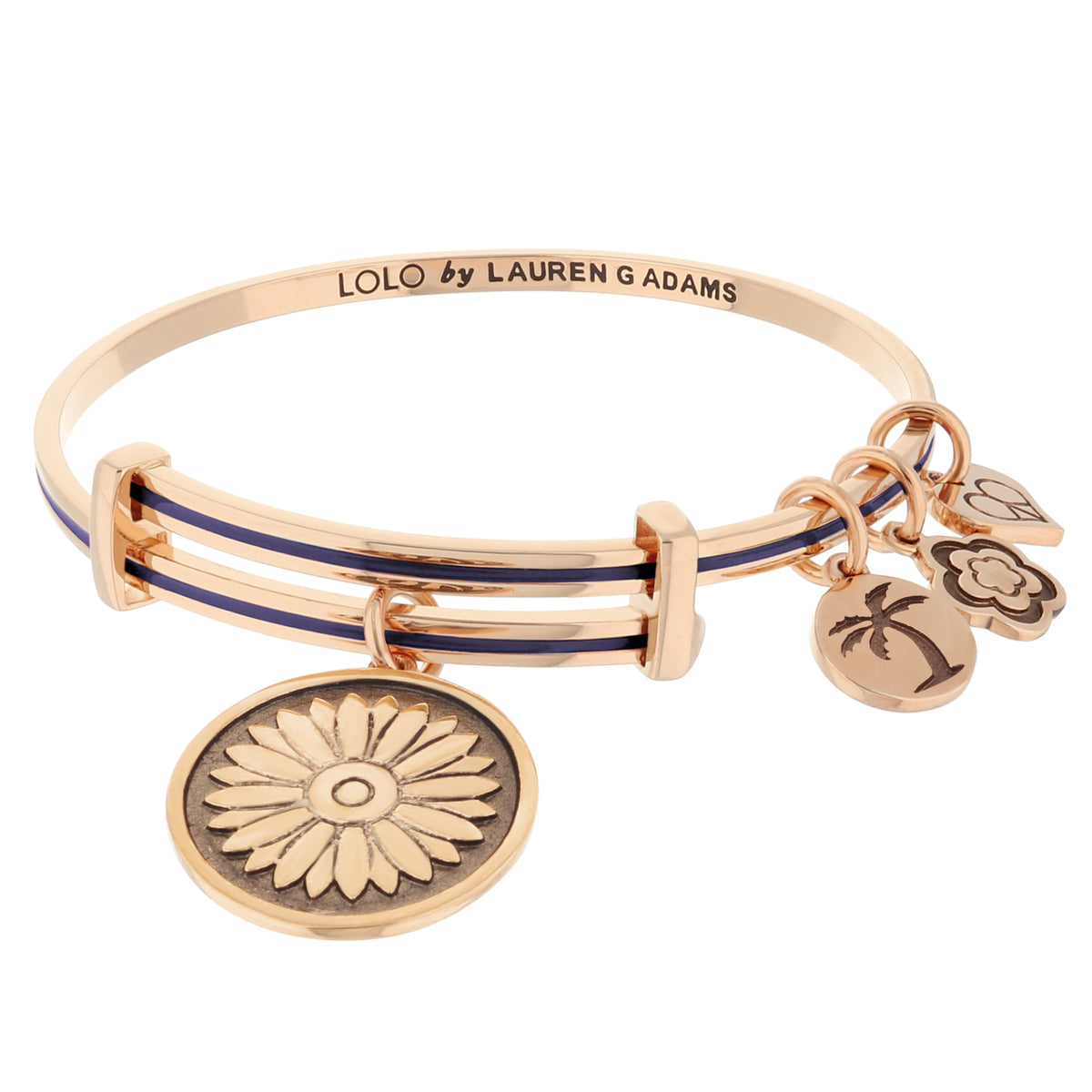 Lolo Daisy Bangle by Lauren G Adams, rose-gold bracelet with enamel stripe and floral charms on Tampa Home & Garden Store