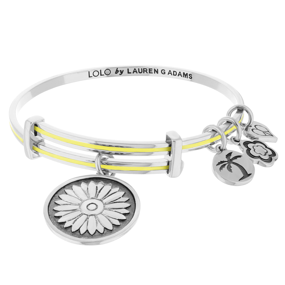 Lolo Daisy Bangle bracelet by Lauren G Adams silver with yellow stripe and daisy charms on Tampa Home & Garden Store