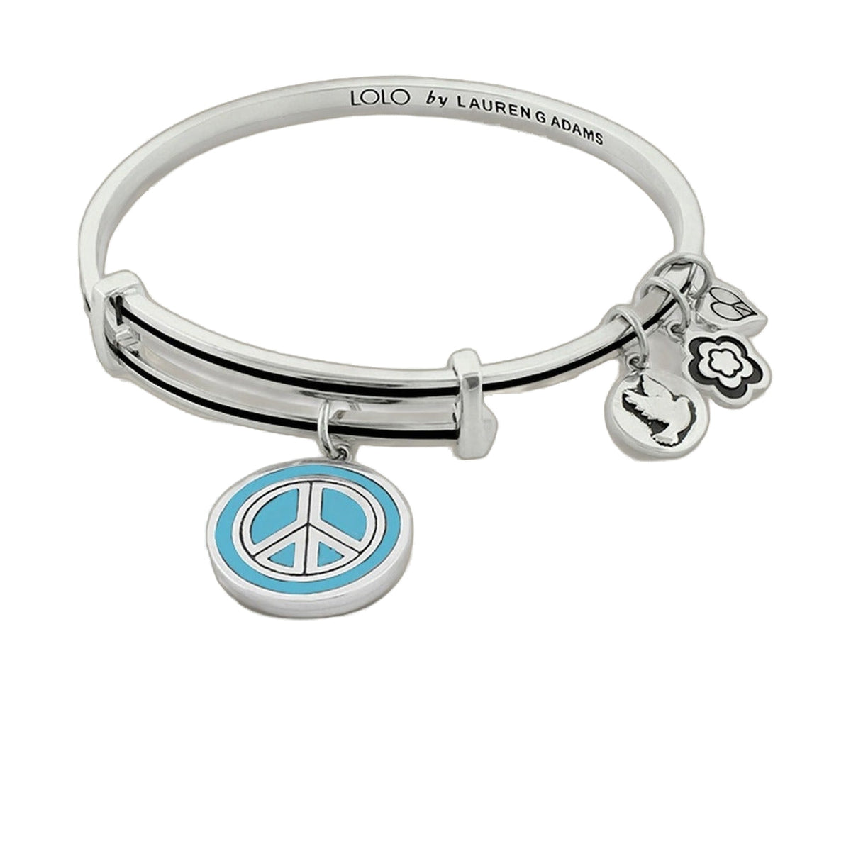 Lolo Peace Bangle by Lauren G Adams, silver-tone bracelet with floral and peace symbol charms on Tampa Home & Garden Store