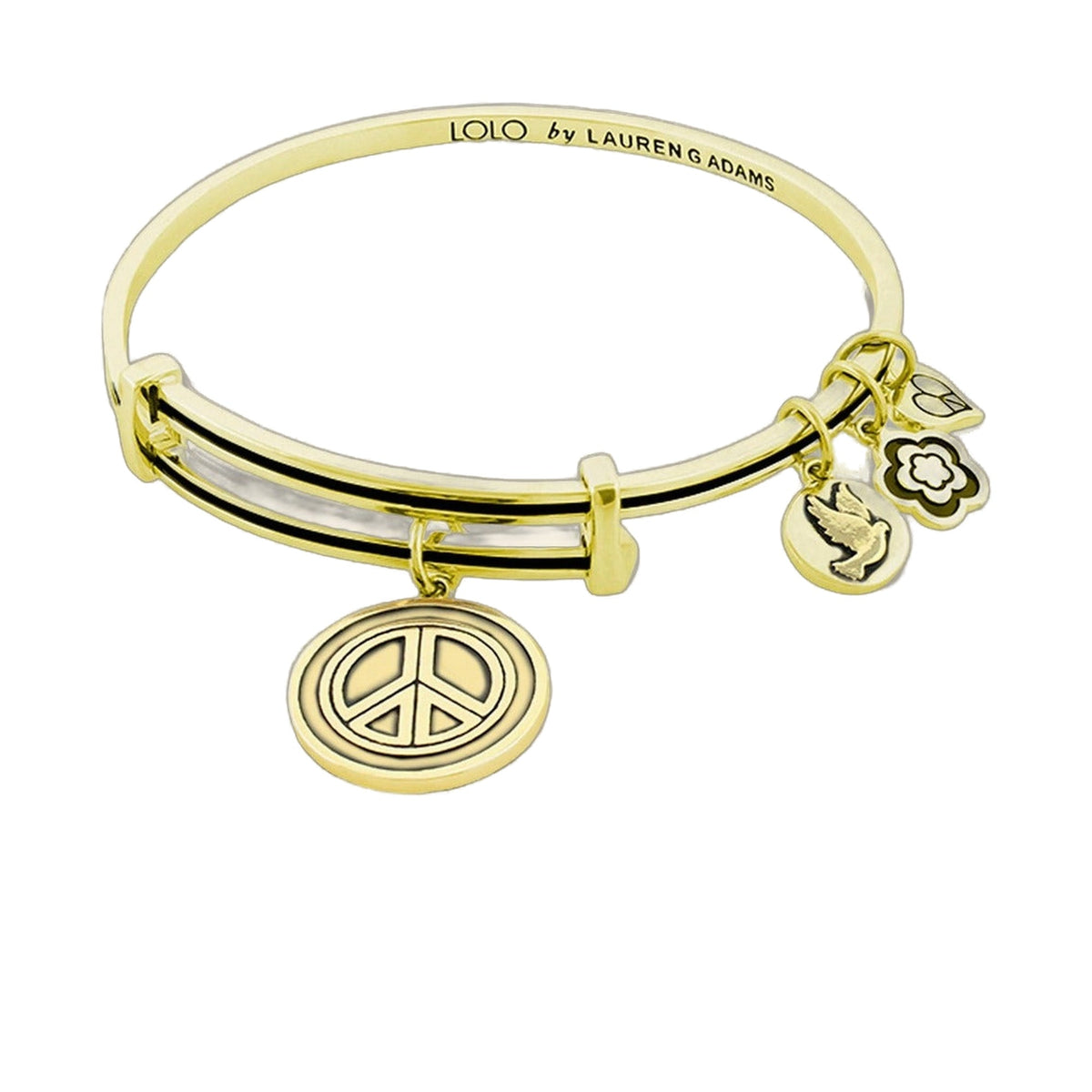 Lolo Peace Bangle gold-tone bracelet by Lauren G Adams with peace and floral charms on Tampa Home & Garden Store
