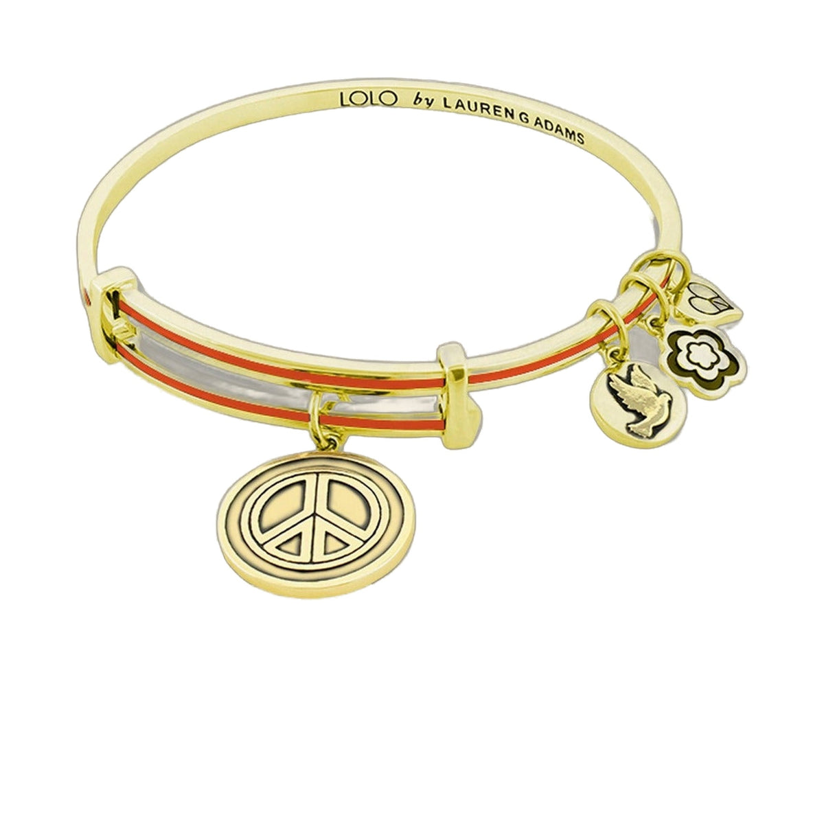 Lolo Peace Bangle Lauren G Adams gold-tone bracelet with red enamel stripe and floral charms on Tampa Home & Garden Store