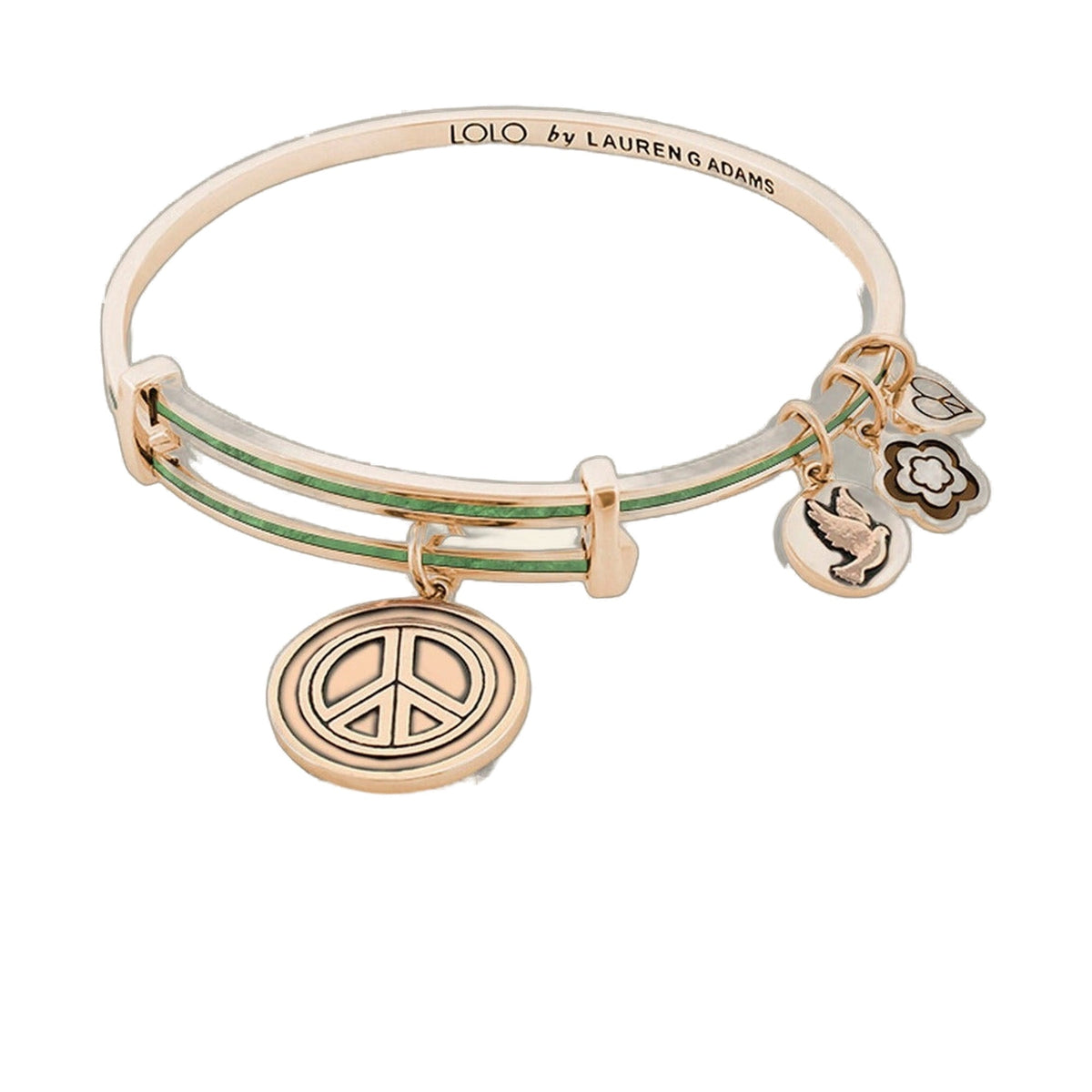 Lolo Peace Bangle by Lauren G Adams rose gold tone with green enamel stripes and charms on Tampa Home & Garden Store