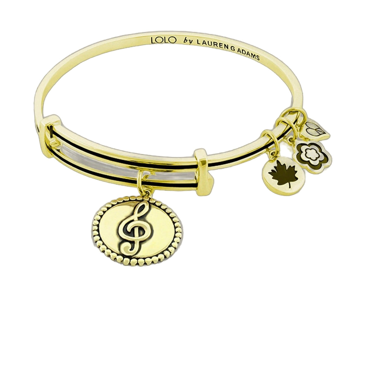 Lolo Music Bangle gold bracelet by Lauren G Adams with treble clef and clover charms on Tampa Home & Garden Store
