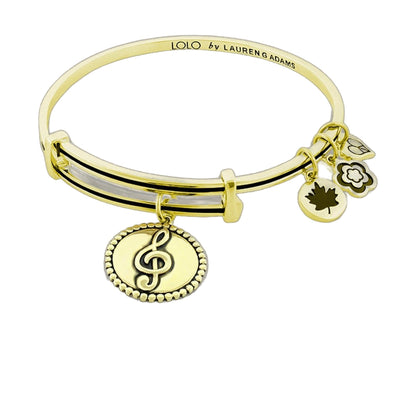 Lolo Music Bangle gold bracelet by Lauren G Adams with treble clef and clover charms on Tampa Home & Garden Store