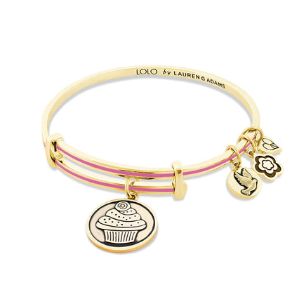 Lolo Cupcake Bangle by Lauren G Adams, gold bracelet with pink bands and cupcake charm on Tampa Home & Garden Store