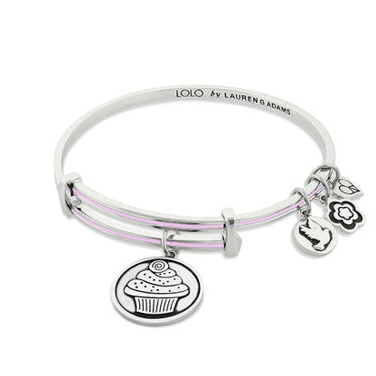 Lolo Cupcake Bangle LOLO LAUREN ADAMS, white bracelet with pink rails and cupcake, bird charms on Tampa Home & Garden Store