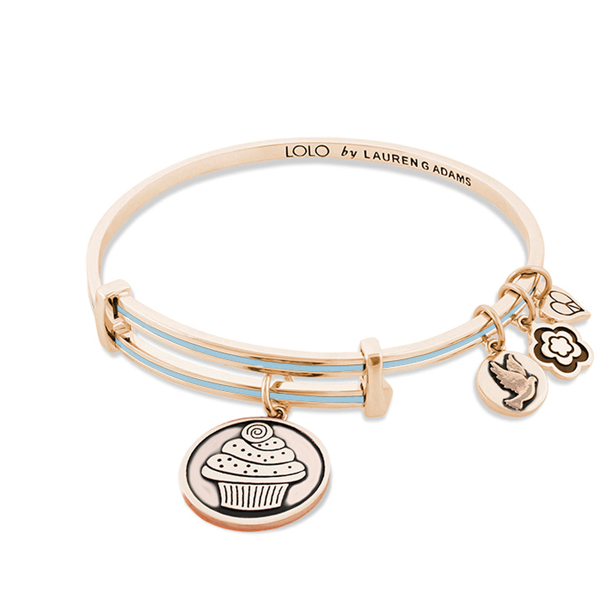 Lolo Cupcake Bangle by Lauren G Adams bracelet with blue enamel rails and 4 charms on Tampa Home & Garden Store