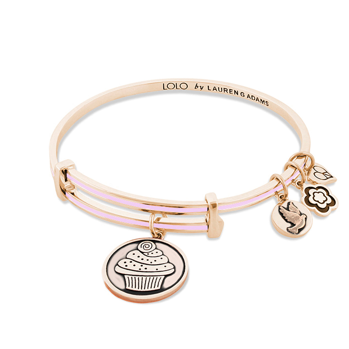 Lolo Cupcake Bangle, rose-gold bracelet with pink enamel bars and cupcake charm on Tampa Home & Garden Store