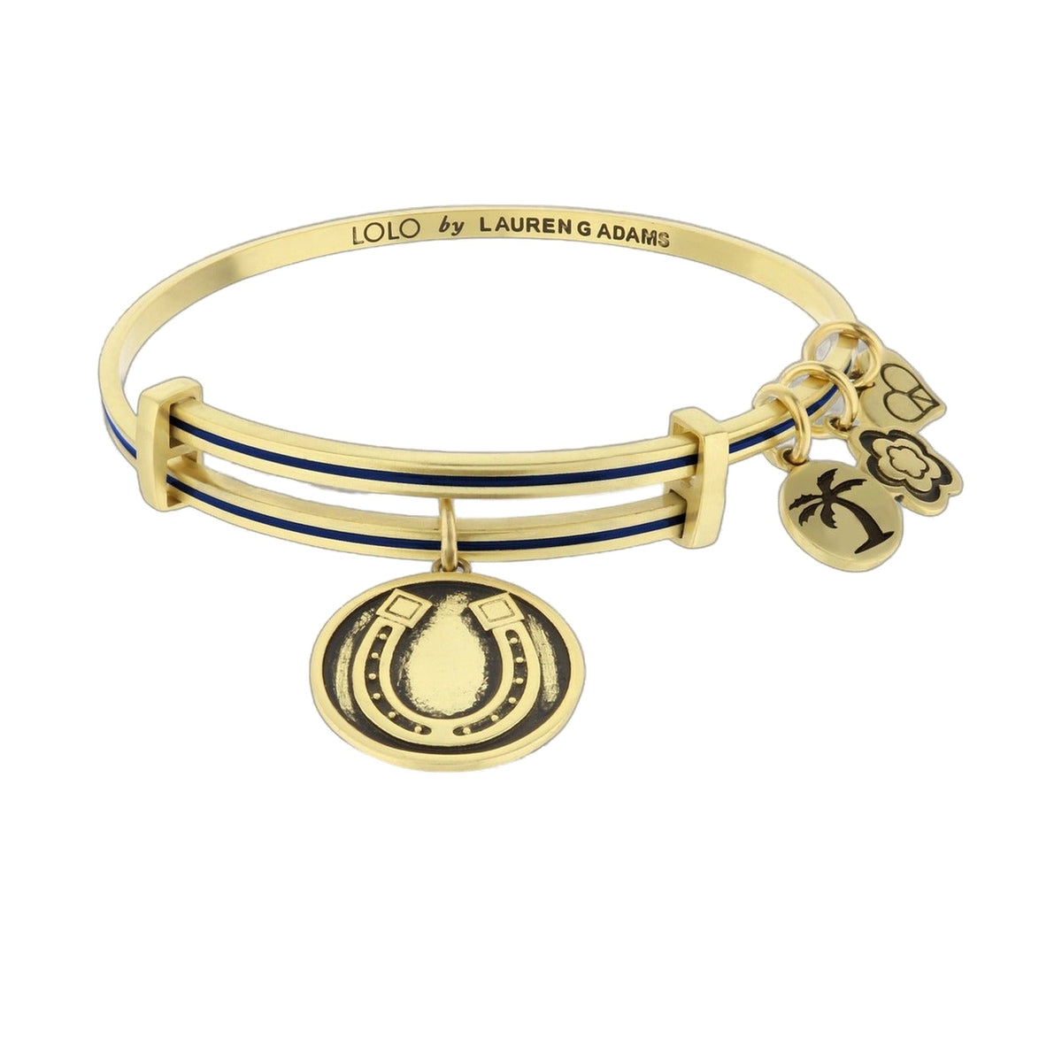 Gold-tone Lolo Good Luck Bangle by Lauren Adams, blue enamel stripe bracelet with charms on Tampa Home & Garden Store