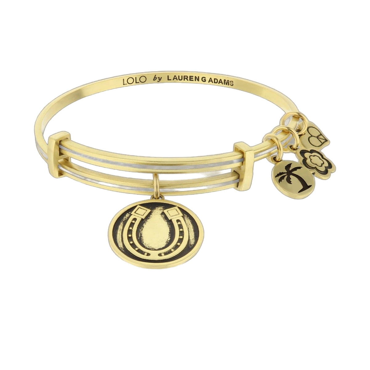 Lolo Good Luck Bangle bracelet, gold-tone with LOLO by LAUREN ADAMS engraving and clover charms on Tampa Home & Garden Store