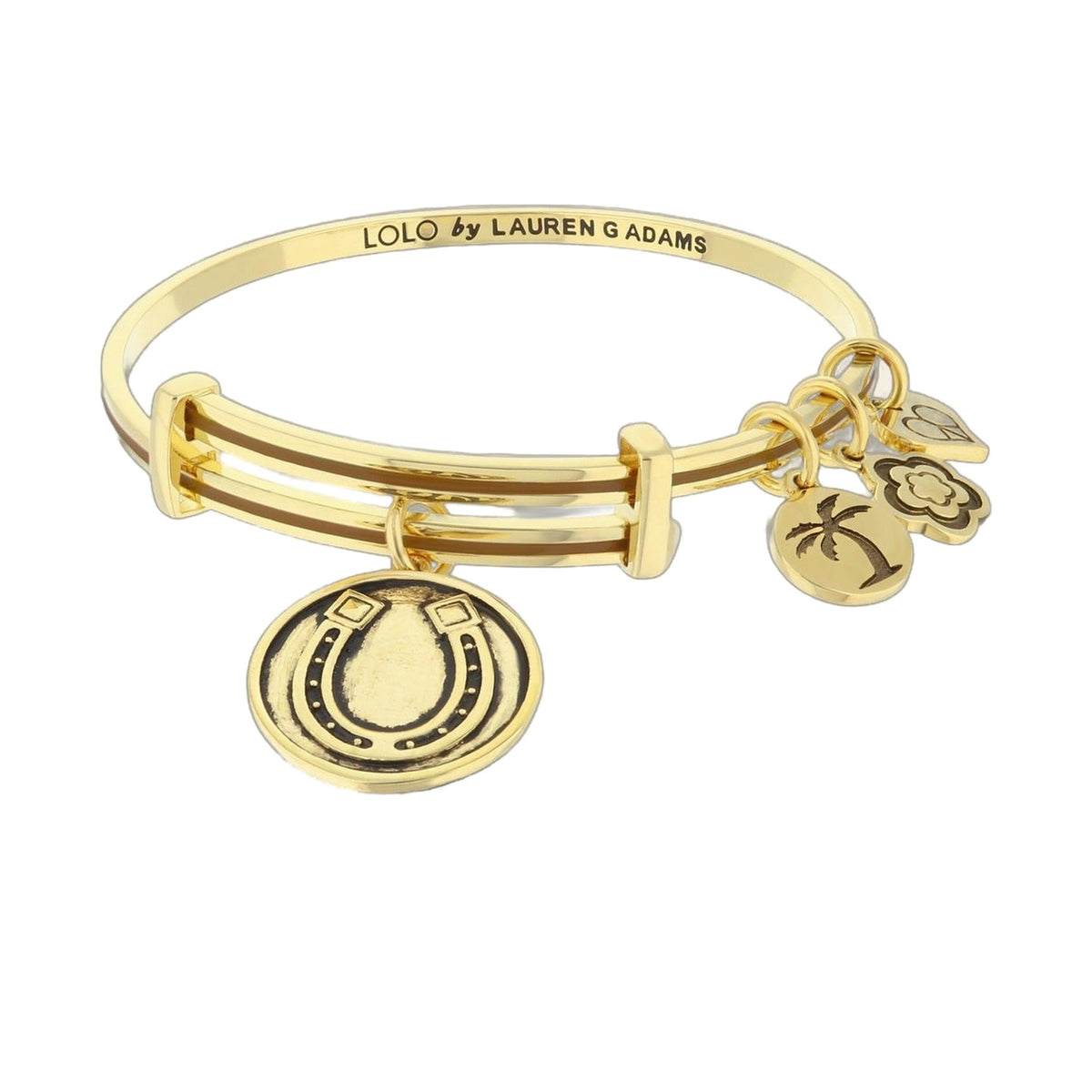 Gold tone Lolo Good Luck Bangle with clover charms and Lauren G Adams engraving on Tampa Home & Garden Store
