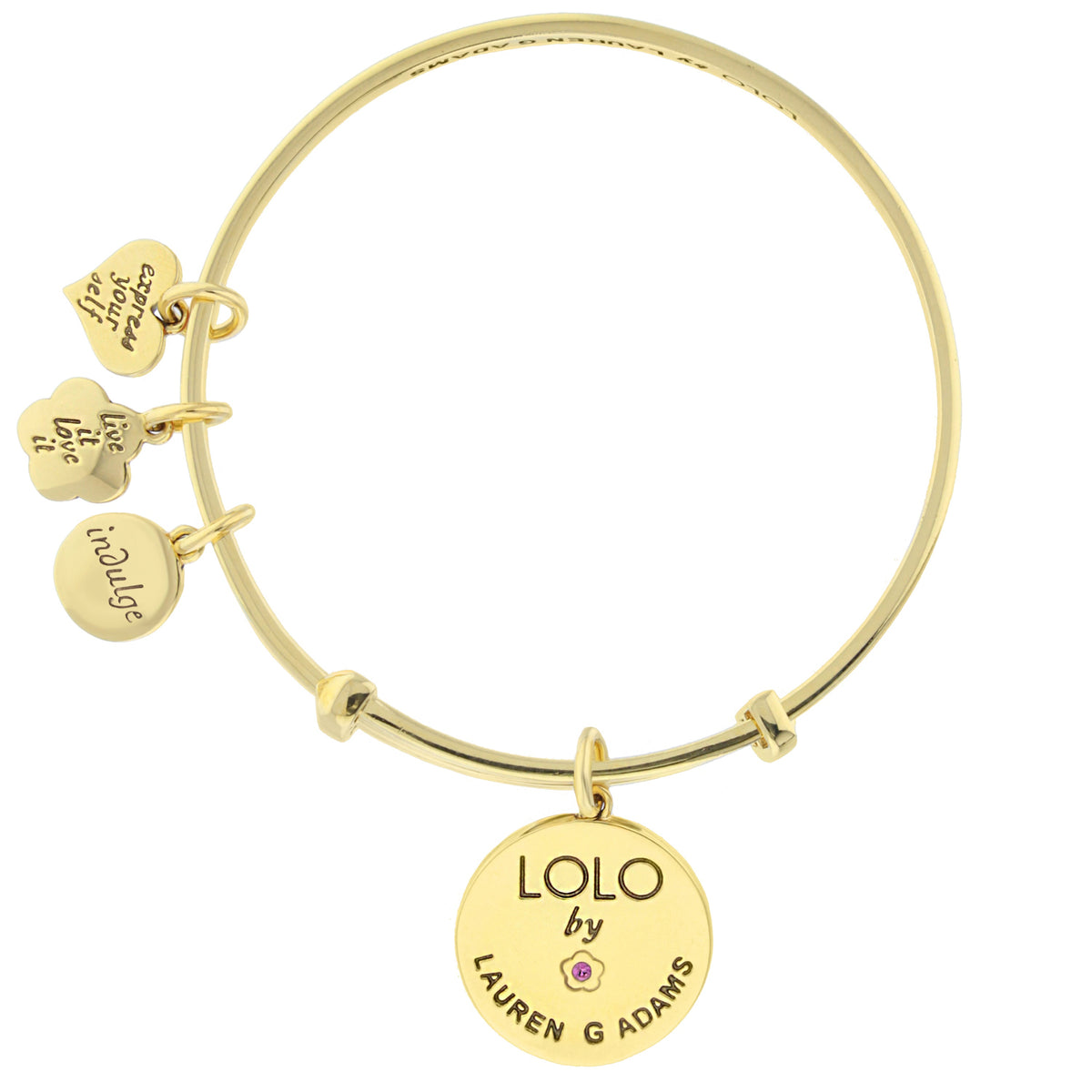 Gold-tone Lolo Good Luck Bangle by Lauren G Adams with LOLO pendant and heart charms on Tampa Home & Garden Store