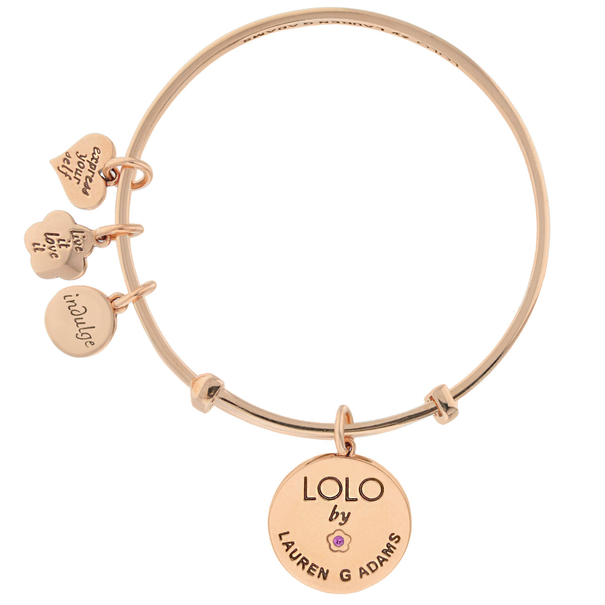 Lolo Good Luck Bangle bracelet by Lauren G Adams in rose gold tone with lucky charm discs on Tampa Home & Garden Store