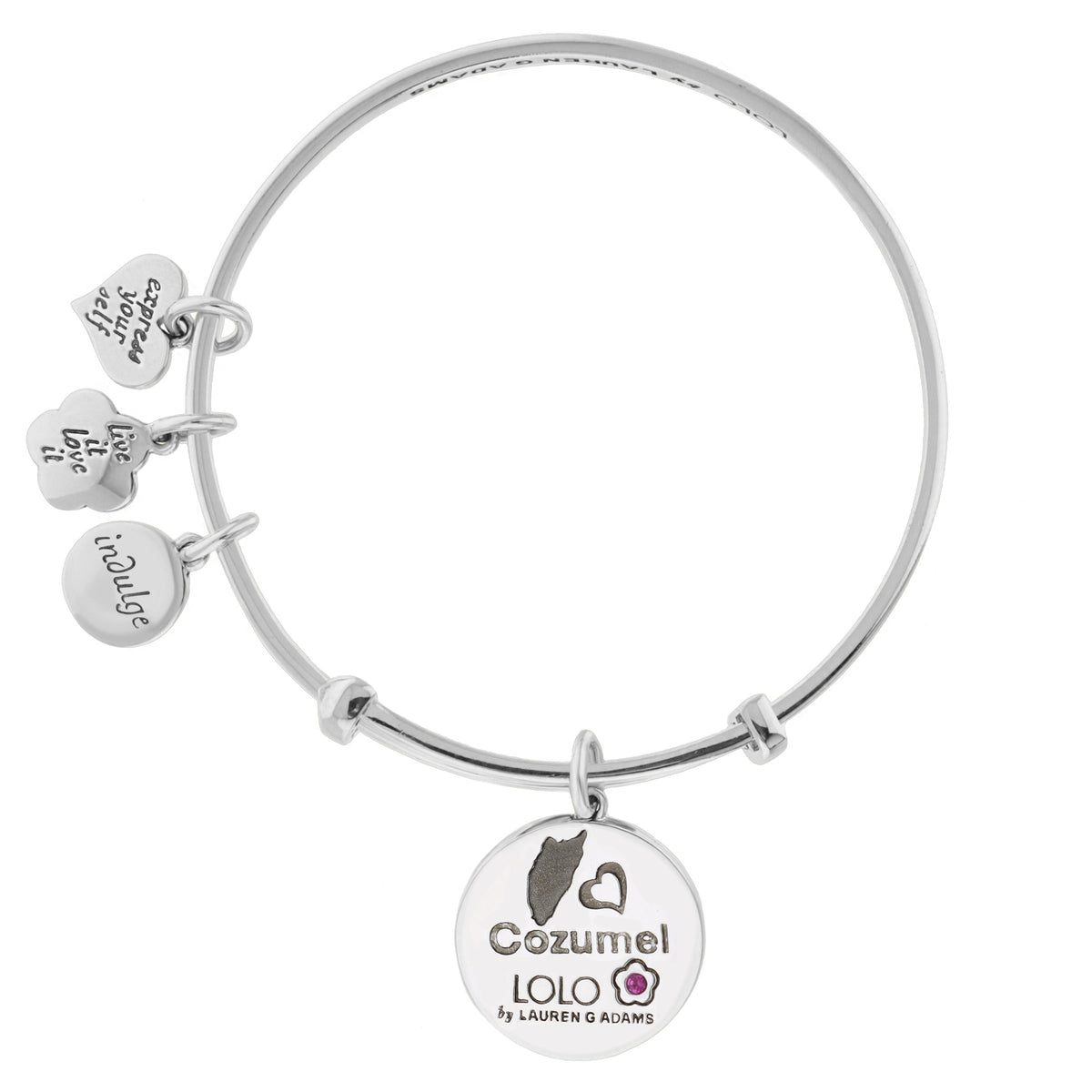 Lolo Cozumel Bangle by Lauren G Adams, silver bracelet with engraved heart charms and pink gemstone accent on Tampa Home & Garden Store