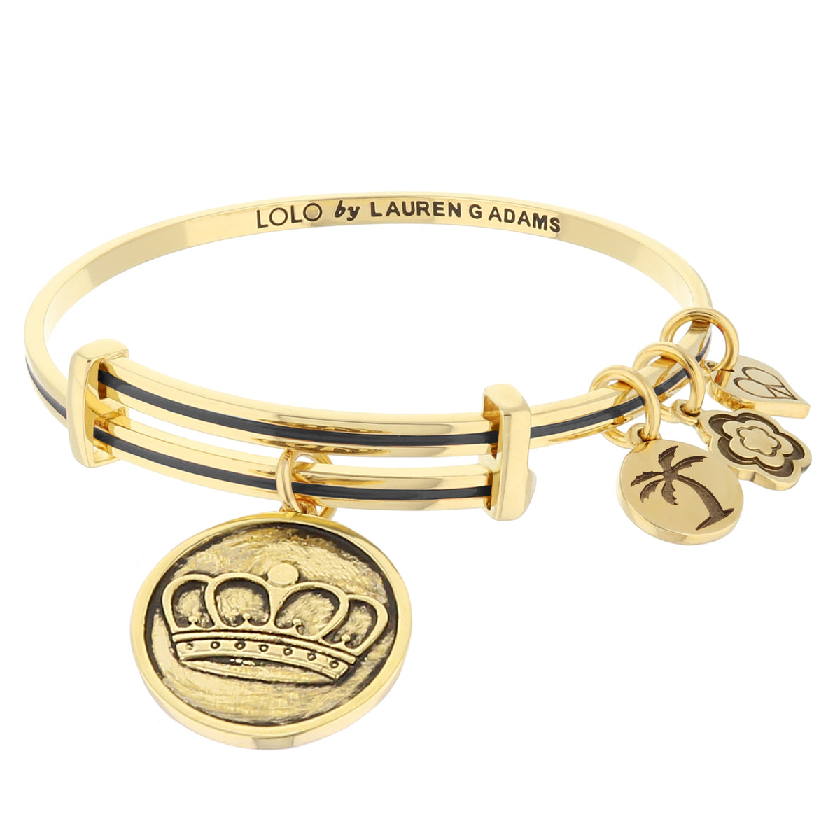 Lolo Queen Bangle by Lauren G Adams, gold bracelet with black enamel stripe and crown charms on Tampa Home & Garden Store