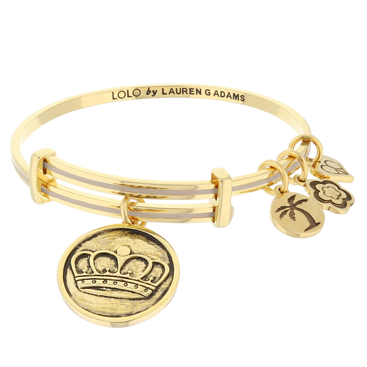 Lolo Queen Bangle gold bracelet with LOLO by LAUREN G ADAMS engraving and crown charms on Tampa Home & Garden Store