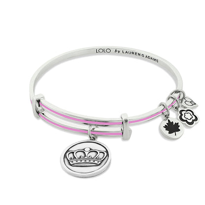 Lolo Queen Bangle by Lauren G Adams; silver-tone band with pink stripe and crown charm on Tampa Home & Garden Store