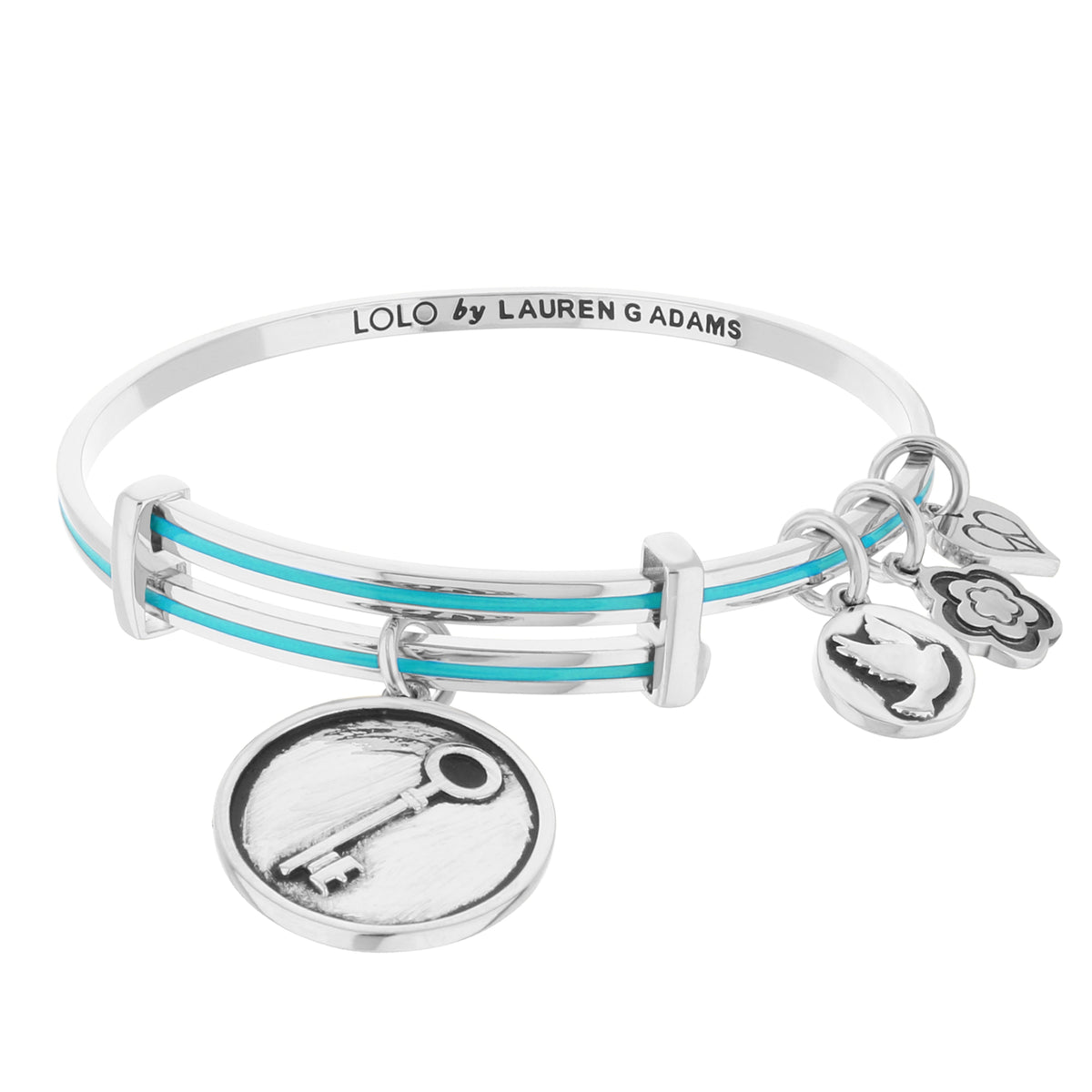 Lolo Key Bangle stacked silver bracelet with turquoise stripes and Lauren G Adams charms on Tampa Home & Garden Store