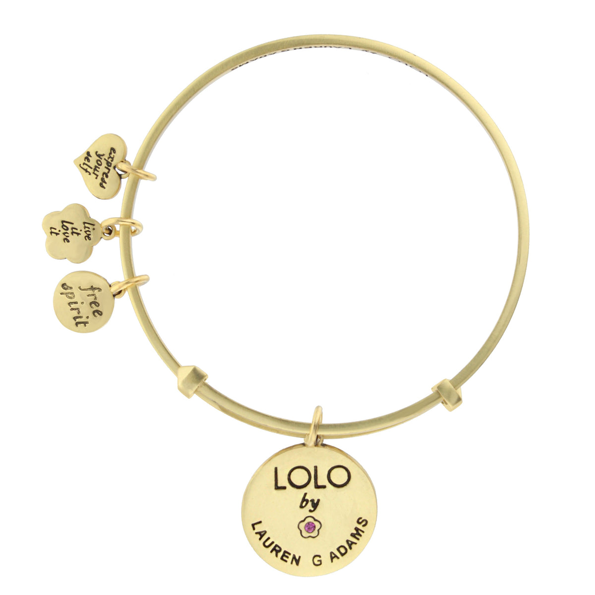 Lolo Key Bangle bracelet in gold tone with heart and engraved disc charms by Lauren G Adams on Tampa Home & Garden Store