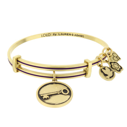 Lolo Key Bangle bracelet by Lauren G Adams, gold-tone with purple enamel stripe and key charms on Tampa Home & Garden Store