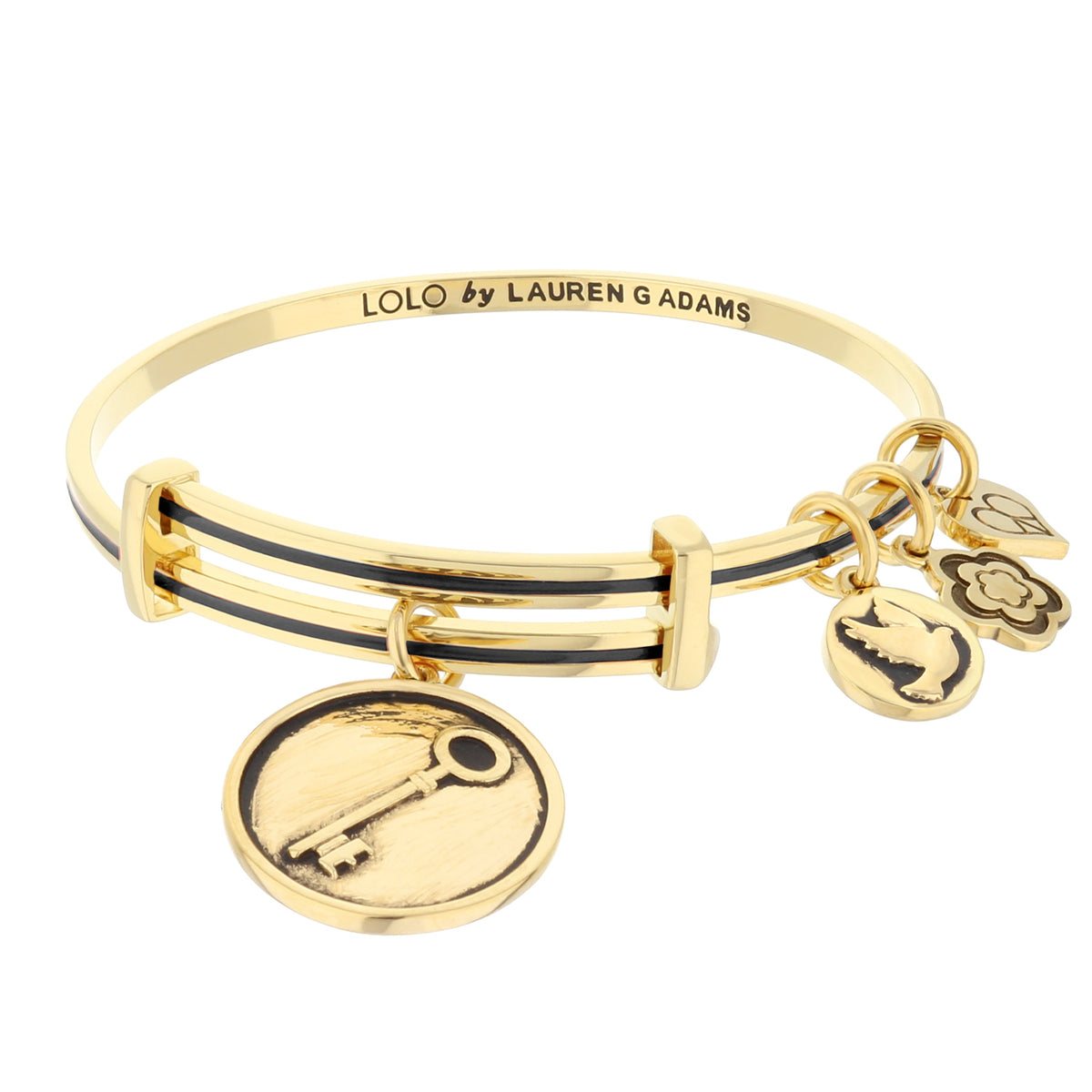 Gold-tone Lolo Key Bangle by Lauren G Adams with black enamel stripe and dangling charms on Tampa Home & Garden Store