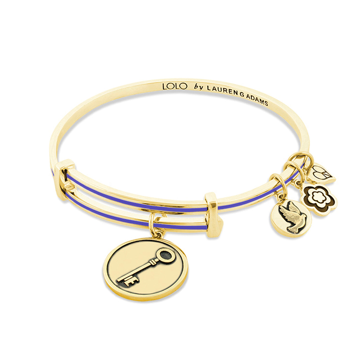 Lolo Key Bangle by Lauren G Adams, gold bracelet with blue enamel and 4 charms on Tampa Home & Garden Store