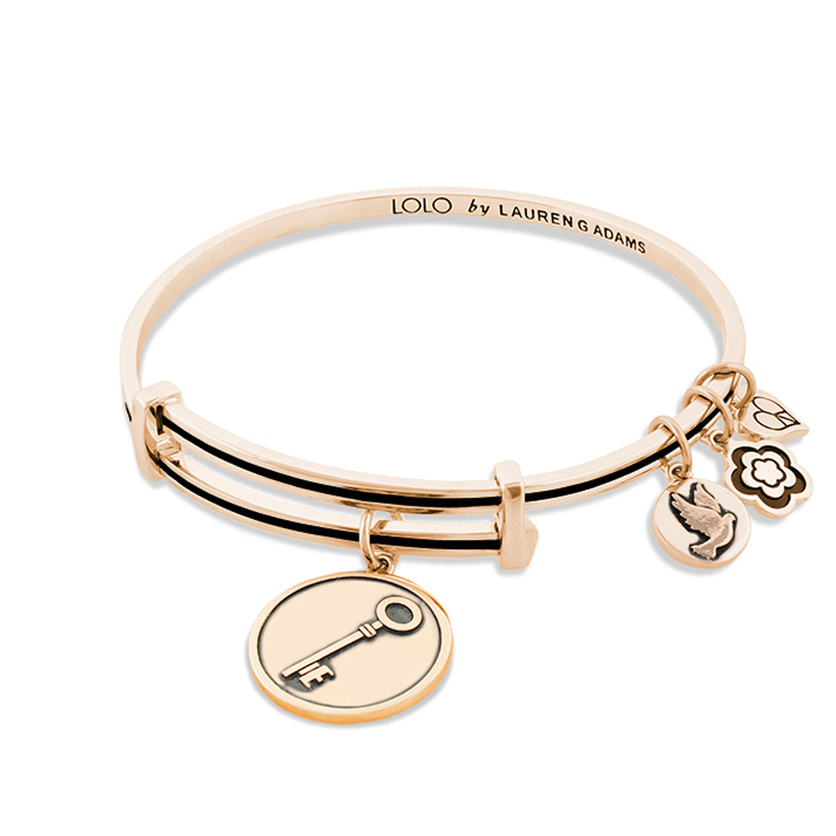 Lolo Key Bangle rose gold bracelet with key charm and three mini charms by Lauren G Adams on Tampa Home & Garden Store