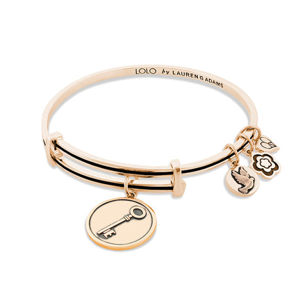 Lolo Key Bangle rose gold bracelet with key charm and three mini charms by Lauren G Adams on Tampa Home & Garden Store