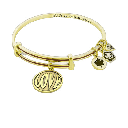 Lolo Love Bangle gold-tone bracelet with LOVE disk charm and floral charms by Lauren G Adams on Tampa Home & Garden Store