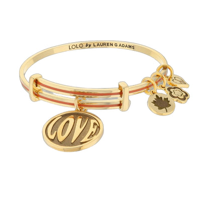 Lolo Love Bangle by Lauren G Adams, gold-tone bracelet with red enamel stripes and LOVE disc charm on Tampa Home & Garden Store