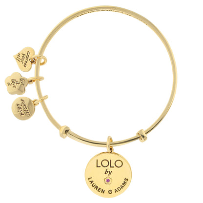 Lolo Love Bangle bracelet by Lauren G Adams with gold-tone disc charms and a purple gem on Tampa Home & Garden Store