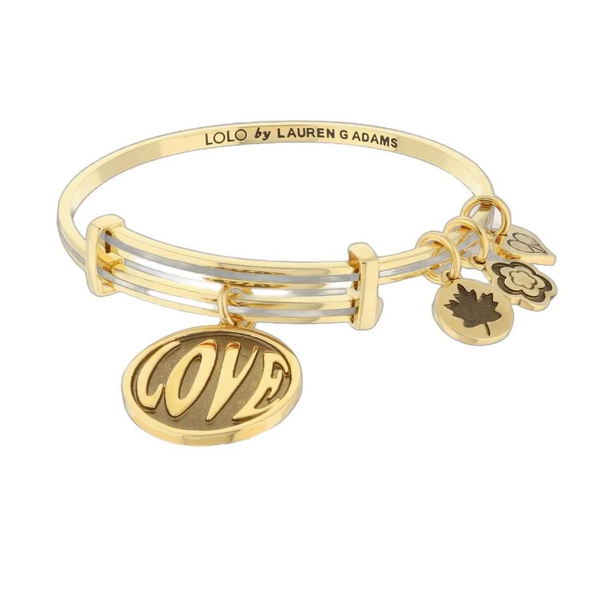 Lolo Love Bangle by Lauren G Adams, gold-tone bracelet with LOLO engraving and charm coins on Tampa Home & Garden Store