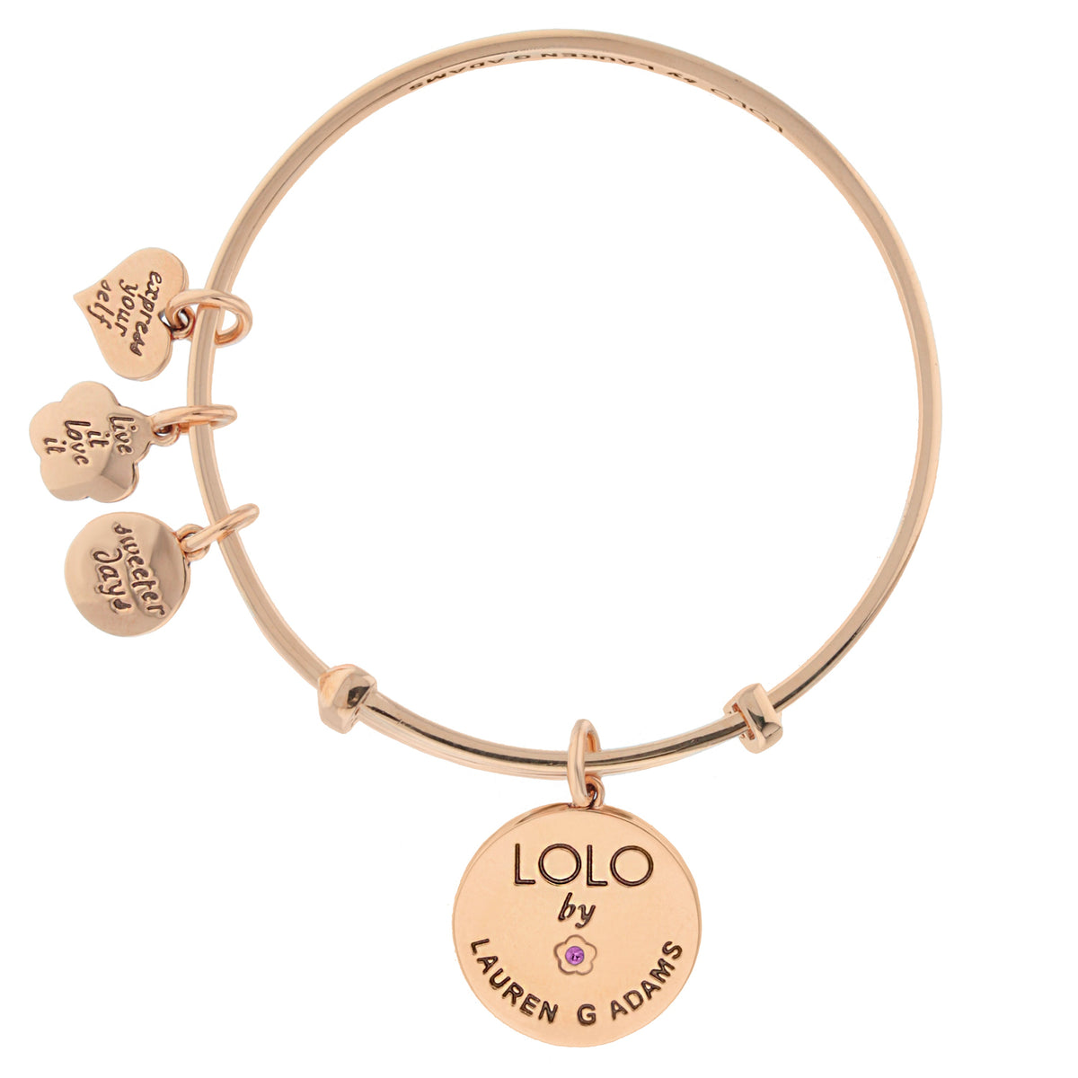 Lolo Love Bangle by Lauren G Adams, rose-gold tone bracelet with heart charms on Tampa Home & Garden Store